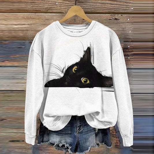 Comstylish Abstract Creative Lazy Black Cat Print Crew Neck Casual Sweatshirt