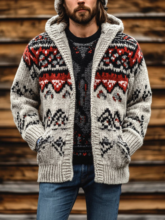 Vintage Geometric Men's Hooded Cardigan artswardrobe