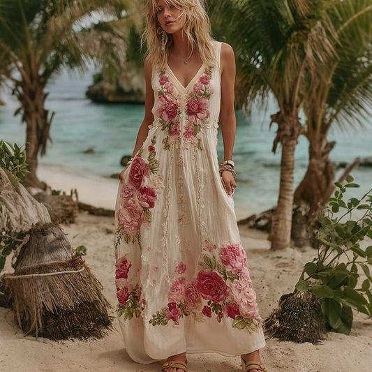 Women Vintage Pink Floral Embroidery Art V Neck Linen Maxi Dress artswardrobe