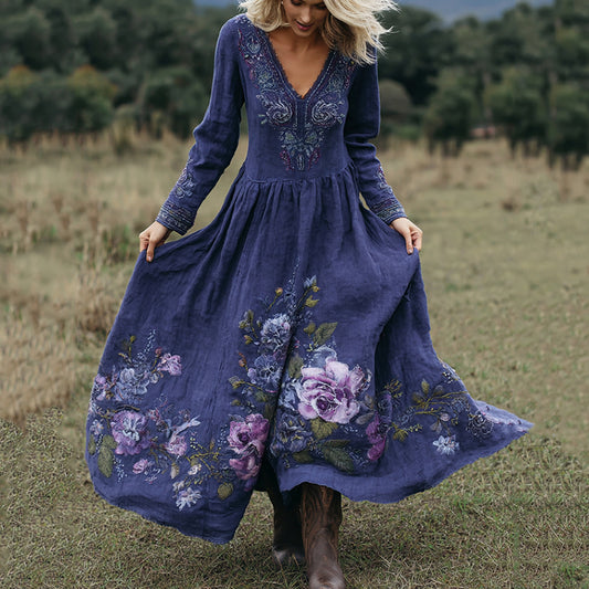 Vintage Classy Purple Floral Embroidered Linen Maxi Dress artswardrobe
