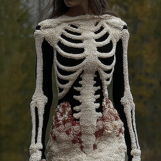 Women's Vintage Halloween Skeleton Bones With Rose Art Cozy Knit Mini Sweater Dress artswardrobe