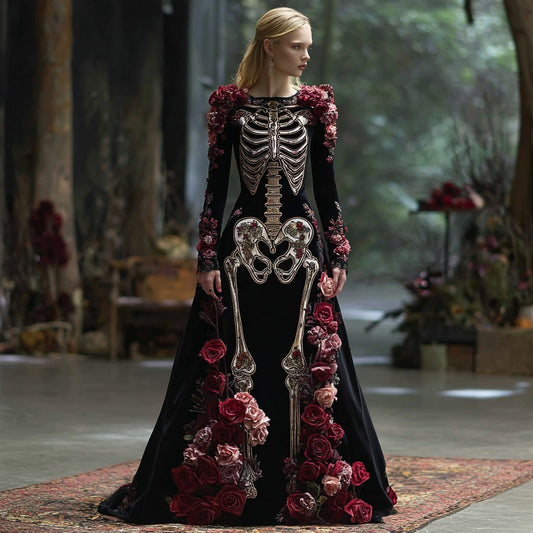 Comstylish Women's Vintage Rose Skeleton Romantic Classic Velvet Maxi Dress