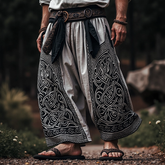 Retro  Viking Celtic Embroidery Art Linen Long Loose Wide-leg Pants artswardrobe