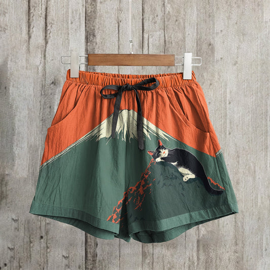 Abstract Creative Cute Cat Sleeping Next To Mount Fuji Painting Art Linen Shorts elevenforest