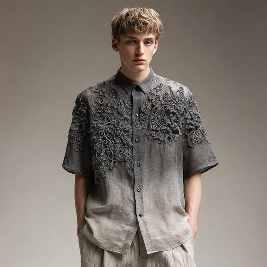 Men's Floral Lace Embroidered Gradient Linen Shirt artswardrobe