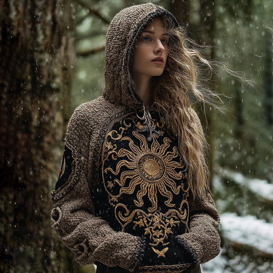 Women's Contrast Color 3d Star And Moon Embroidery Knitted Hoodie elevenforest
