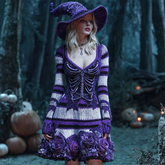 Comstylish Halloween Skeleton Floral Stripe Art Women's Knit V-neck Mini Dress