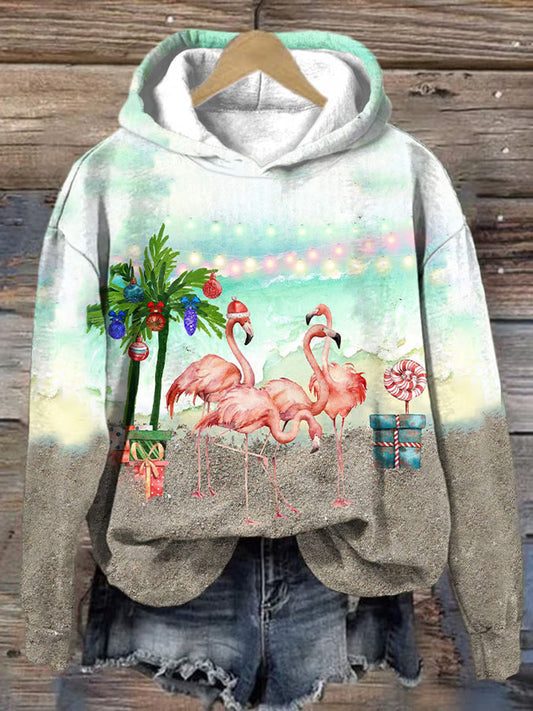 Comstylish Women's Christmas Flamingo Palm Tree Print Hoodie