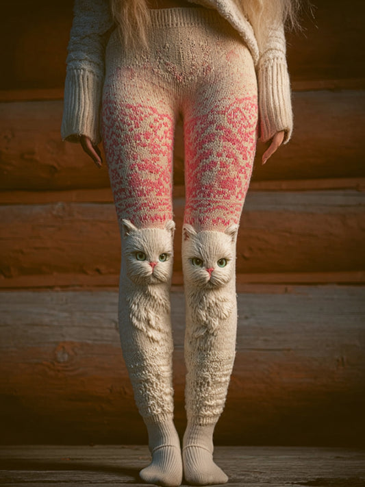 Women's Cute Cat Pink And White Gradient Pants