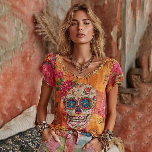Comstylish Women's Classic Mexican Sugar Skeleton Catrina Day Of The Dead Inspired Painting Embroidered Casual Linen T-shirt