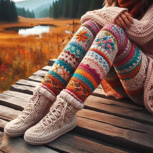 Vintage Colorblock Patchwork Floral And Leaf Cozy Knit Leggings elevenforest