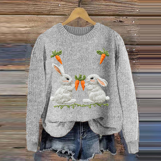 Women's Cute Bunny And Radish Print Round Neck Sweater artswardrobe