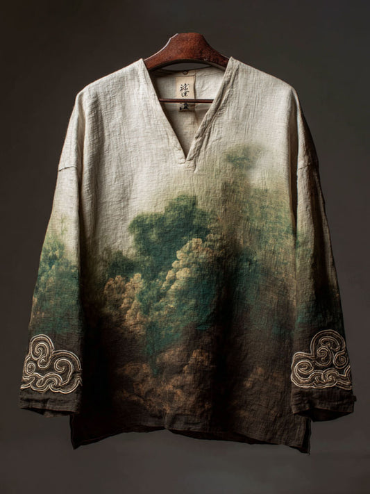 Comstylish Retro Japanese Art Embroidered Forest Print Top