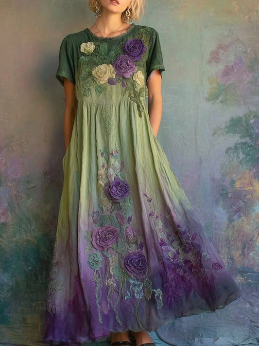 Vintage Roses Embroidered Gradient Linen Maxi Dress artswardrobe