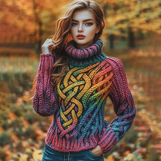Women's Colorful Gradient Celtic Knot Art Knit Jacquard Sweater elevenforest
