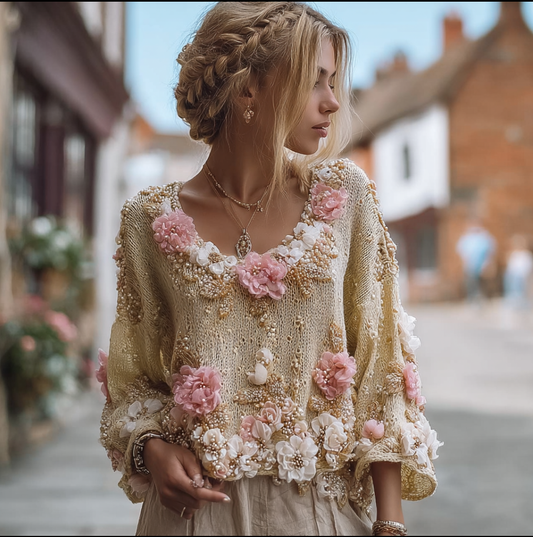 Bohemian Style Three-dimensional Pink Flower Knitted Pattern Women's V-neck Long-sleeve Knitted Sweater elevenforest