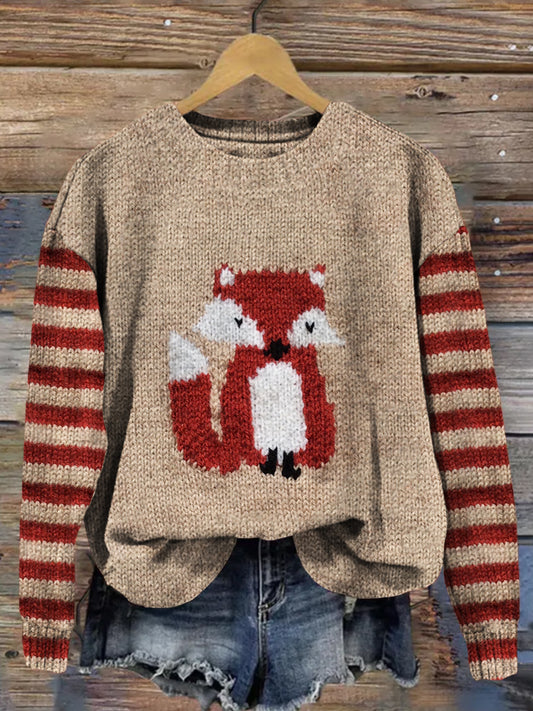 Lovely Fox Knit Art Stripe Sleeve Cozy Sweater artswardrobe