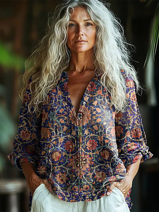 Bohemian Style Holland Park Morris Linen Print  Long Sleeve Shirt artswardrobe