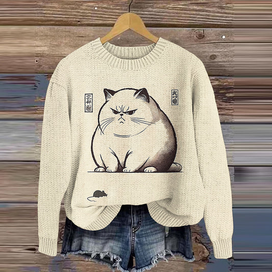 Comstylish Vintage Cat And Mouse Japanese Art Print Art Cozy Knit Sweater
