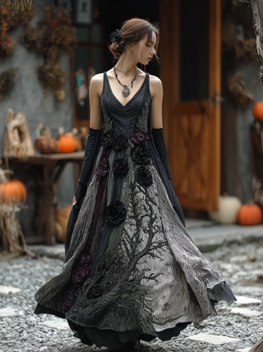 Comstylish Women's Dark Gothic Style Retro Cotton And Linen Dress