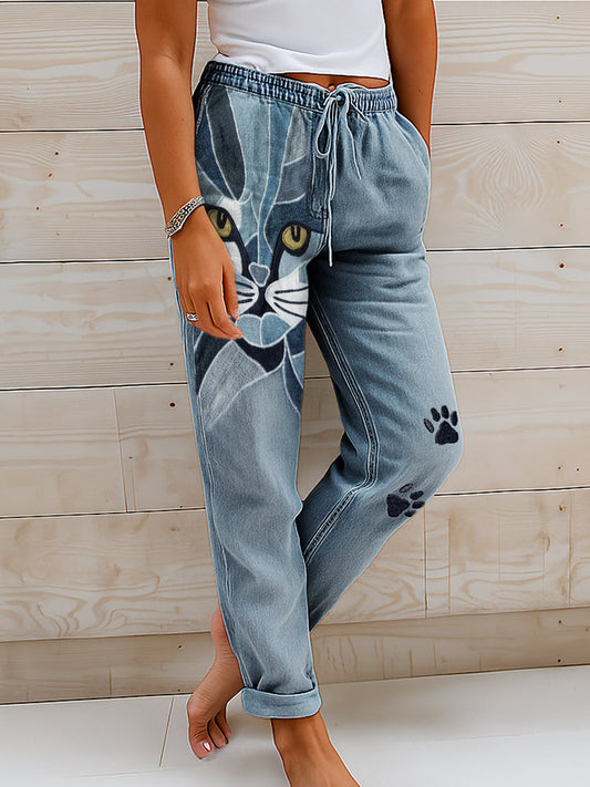 Cat Face Geometric Patchwork Paw Print Embroidered Drawstring Casual Pants elevenforest