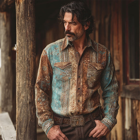 Western Vintage Print Men's Linen Long Sleeve Shirt artswardrobe