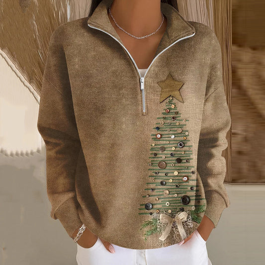 Comstylish Women's Vintage Christmas Tree Print Long Sleeve Zipper Sweatshirt