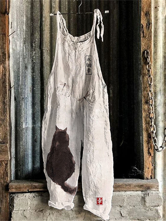 Japanese Art Cat Print Linen Blend Casual Jumpsuit elevenforest
