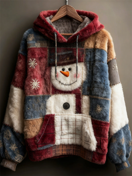 Comstylish Vintage Christmas Snowman Snowflakes Colorblock Plush Hoodie