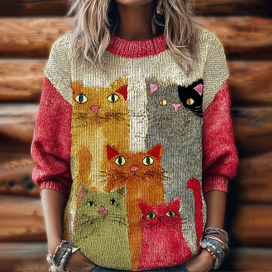 Women's Funny Cat Embroidery Round Neck Sweater elevenforest