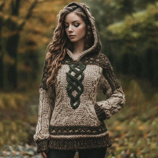 Women's Irish Celtic Knotted Jacquard Pocket Hooded Sweater artswardrobe