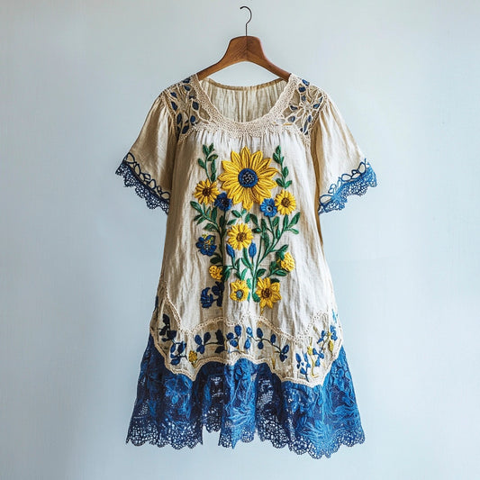 Sunflower Vintage Lace Embroidery Patchwork Women's Linen Dress artswardrobe