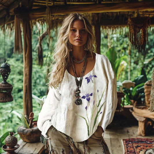 Floral Embroidery Boho Women's Linen Long Sleeve Shirt artswardrobe