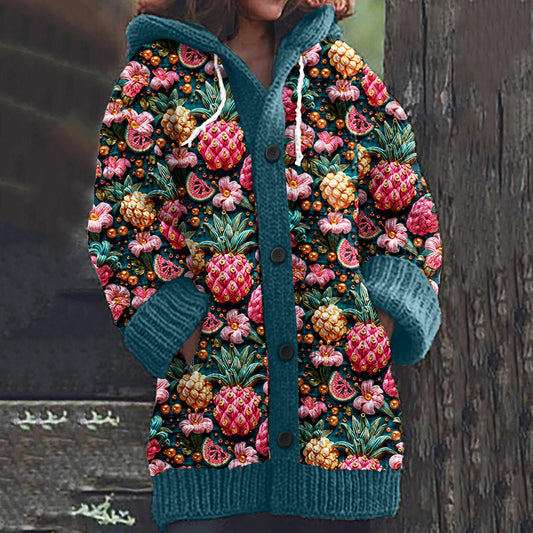 Farm Pineapple Flower Art Print Knitted Hooded Cardigan artswardrobe