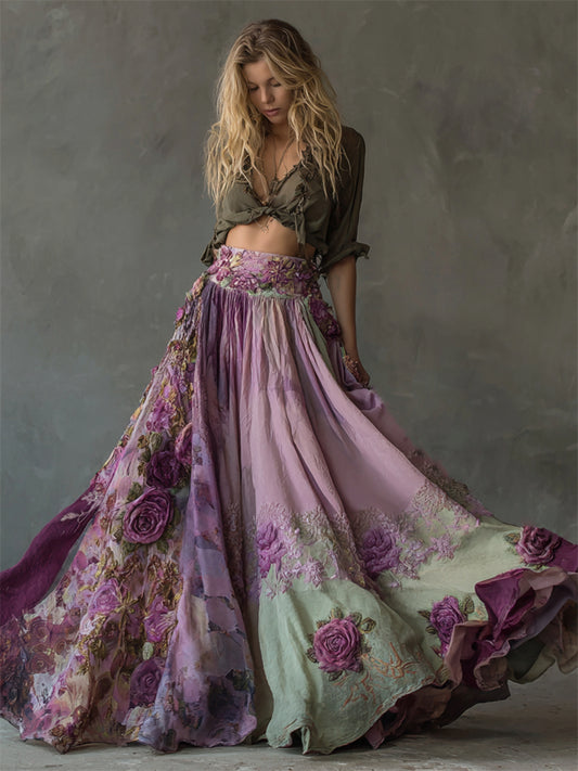 Boho Purple Roses Embroidered Floral Patchwork Flowy Wide Skirt artswardrobe
