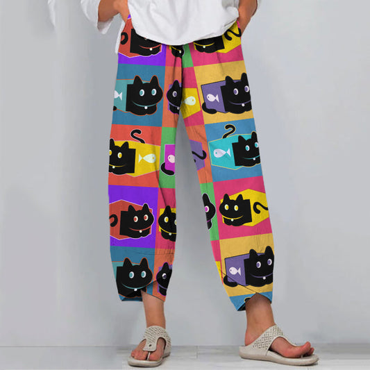 Women's Black Cat Multicolor Pop Art Linen Blend Pants elevenforest