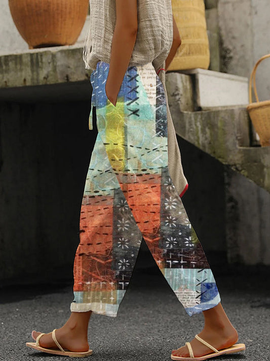 Vintage Boho Threadwork Floral Embroidery Women's Linen Trouser artswardrobe