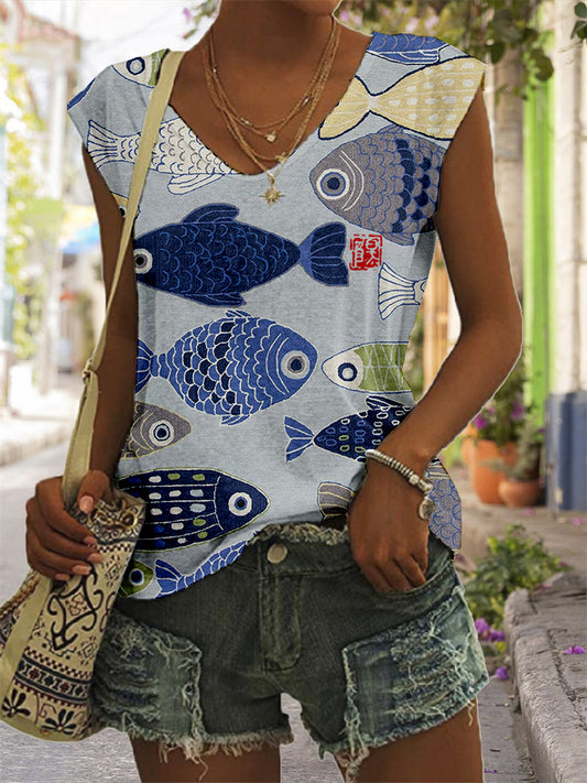 Comstylish Vintage Fish Japanese Art V Neck Comfy Tank Top
