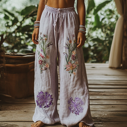 Vintage Bohemian Floral Art Printed Cotton Linen Wide Leg Pants artswardrobe