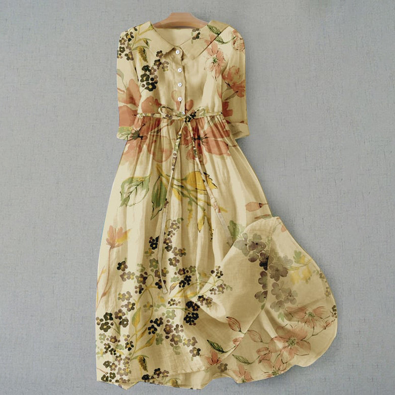 Comstylish Elegant Japanese Art Floral Print Lace-up Casual Midi Dress