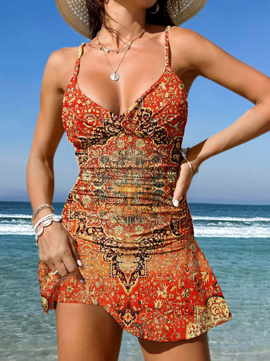 V-Neck Retro Ethnic Geometric Rug Flower Art Print Suspender Skirt Tankini Pantskirt Set Swimsuit