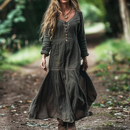 Women's Bohemian V-neck Linen Blend Midi Dress artswardrobe