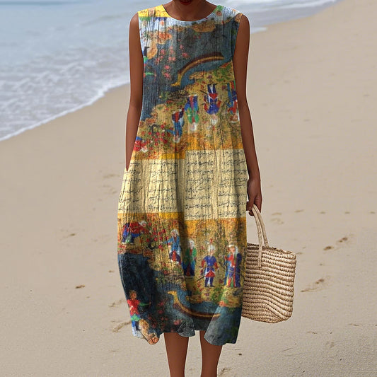 Vintage Loose Persian Art Sleeveless Cotton And Linen Tank Dress artswardrobe