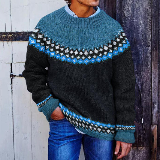 Mens Vintage Contrast Diamond Jacquard Graphic Art Cozy Sweater elevenforest
