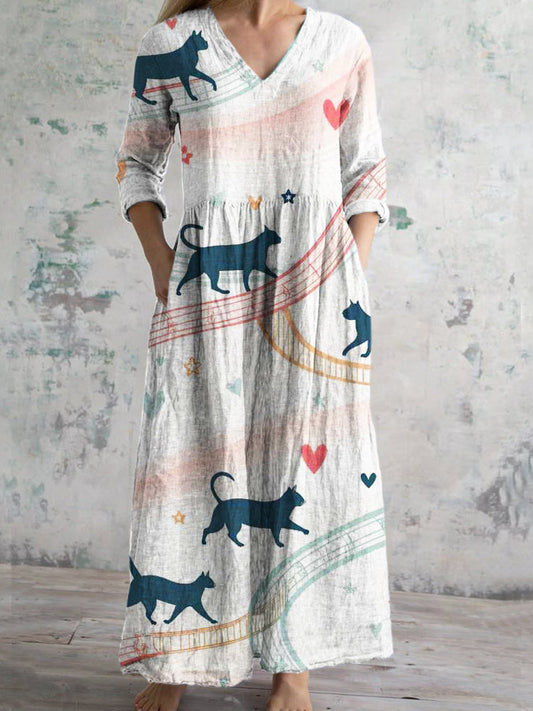 Cat Love Element Printed Women's V-neck Linen Maxi Dress elevenforest