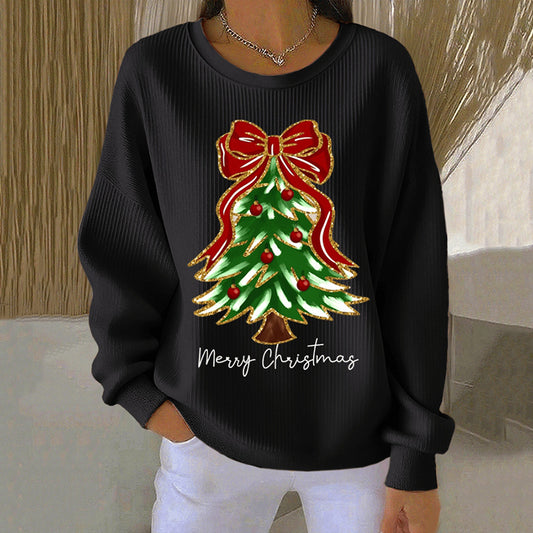 Comstylish Women's Christmas Tree Print Crew Neck Casual Sweatshirt