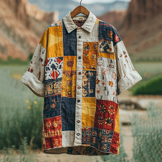 Men's Vintage Spliced Geometry ​​contrasting Linen Shirt artswardrobe