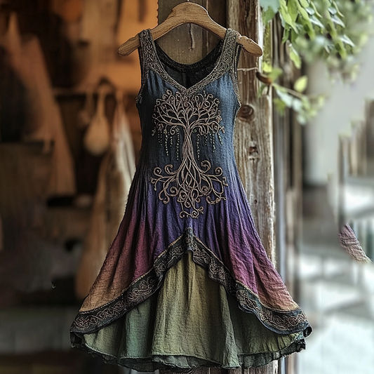 Women's Vintage  Viking Tree Of Life Gradient Linen Dress artswardrobe