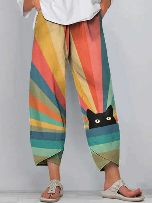 Japanese Art Rainbow Cat Print Pants elevenforest