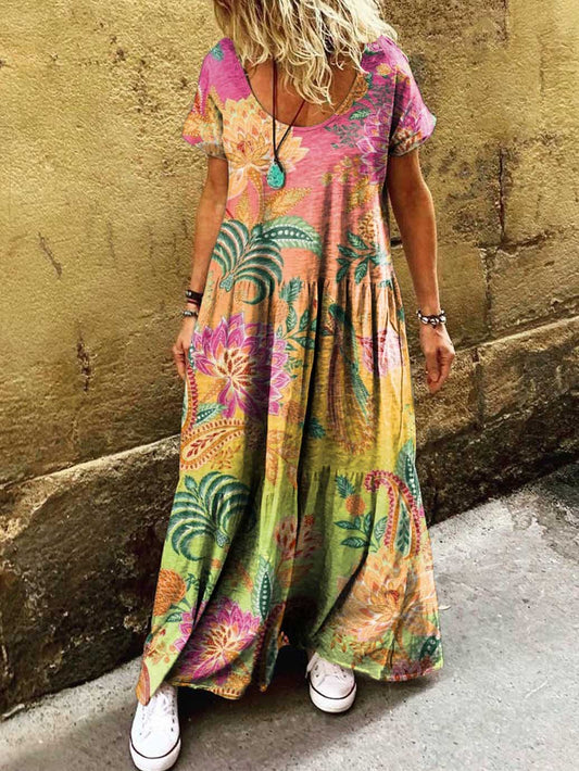 Women's Floral Art Print Pocket Short Sleeve Cotton Dresses